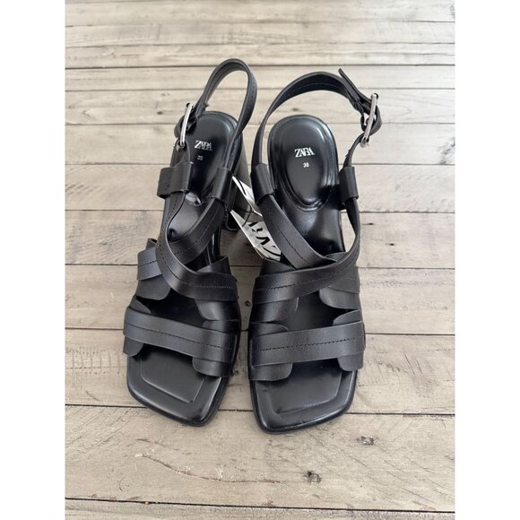 NWT ZARA Black Leather Block Heel Strappy Heeled Sandals Size 38 8 - Picture 3 of 8